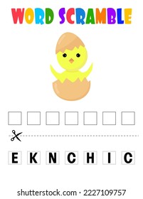 Disputa de palabras de pollo. Juego educativo para los niños. Hoja de cálculo de ortografía en inglés para niños en edad preescolar.