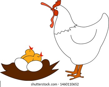 Chicken with worm, illustration, vector on white background.