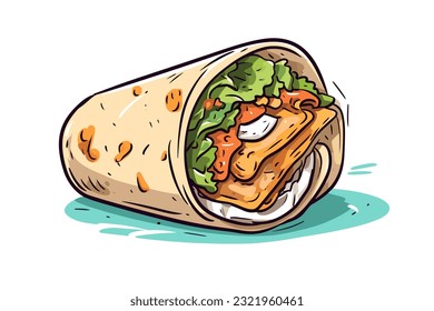 Envoltura de pollo. La tortilla de pollo envuelve la ilustración hecha a mano. Ilustración de dibujos animados de estilo doodle vectorial