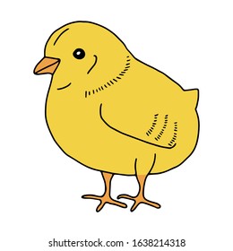 Chicken yellow hand drawn line drawing. Contour drawing.Scrawl.Drawing for the Easter holiday. Little chicken.Bird house.Vector illustration
