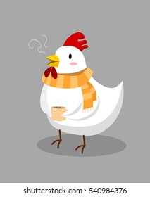 chicken with a yellow scarf in winter.