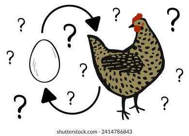 chicken-and-egg metaphoric adjective. Philosophy, Causality dilemma. Which came first: the chicken or the egg? Vector illustration isolated on white for poster, card, t-shirt design