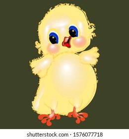 Chicken.Cartoon little yellow chicken. Dark background.Vector illustration.
