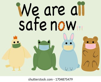 Chicken,frog,rabbit and a bear are wearing masks to keep them safe.