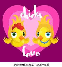 Chicken-girl and boy-chicken flap their wings against the backdrop of the heart