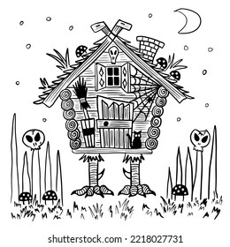 The chicken-legged hut is the home of Baba Yaga, a witch from Slavic folklore. Scary stories for Halloween. Hand drawn illustration. Entourage with skulls, black cat and spider.