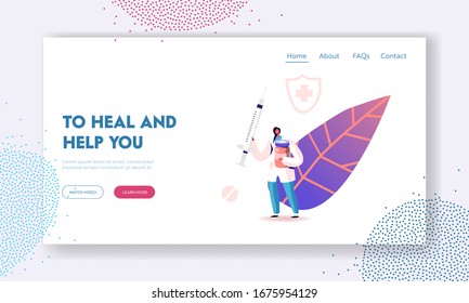 Chickenpox Vaccination, Microbes and Bacteria Disease Landing Page Template. Female Doctor Character Carry Huge Syringe and Antibiotic Medicine in Bottle for Treatment. Cartoon Vector Illustration