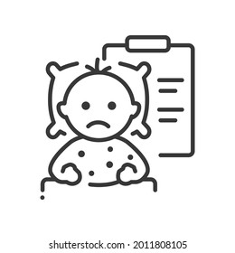 Chickenpox Vaccine - Vector Line Design Single Isolated Icon On White Background. High Quality Black Pictogram. Sad Kid Feeling Sick, Lying In Bed, Awaiting Medical Attention. Healthcare Concept