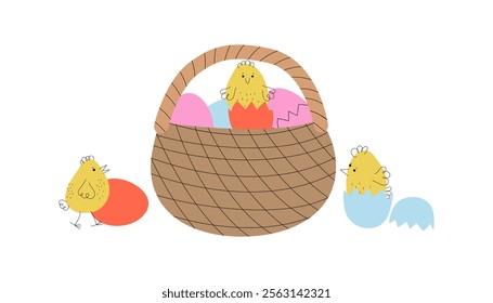 Chickens, basket with Easter eggs. Cartoon funny chickens, animals, poultry. Hand drawn doodle line icons, simple holiday design.