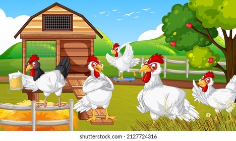 Chickens cartoon characters in nature farm scene illustration