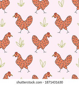 Chickens cartoon seamless pattern. Hand drawn stylized hens with floral elements on light background. Easter hens design for textile, wrapping paper, greeting card, kitchen decoration