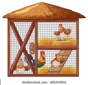 Chickens in chicken coop illustration