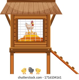 Chickens in the chicken coop on white background illustration