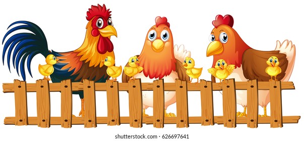 Chickens and chicks behind fence illustration