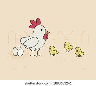 chickens and chicks illustration set. egg, farm Vector drawing. Hand drawn style.