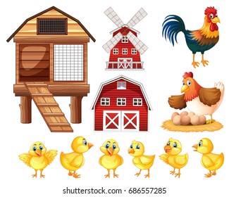 Chickens and cicken coops illustration