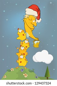 Chickens clean the moon. Cartoon
