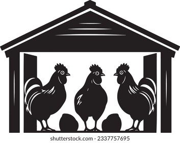 Chickens in a coop, Basic simple Minimalist vector graphic, isolated on white background, black and white
