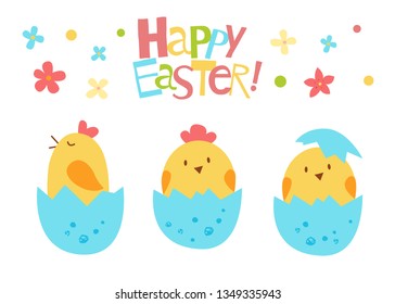 Chickens in a cracked eggs. Happy Easter vector set. Cute funny hand drawn flat cartoon background. Isolated on white. Kids illustration.