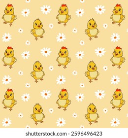Chickens with daisies on a colored background.Vector seamless pattern with yellow chickens and white daisies on a colored background.