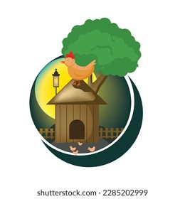 Chickens in the dark night scene. Chicks, moon, tree, chicken house, lantern vector illustration