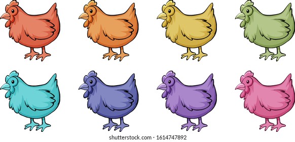 Pollos en diferentes colores ilustraciones