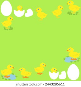 Chickens and ducklings hatched from eggs on a green spring background. The concept of Easter and agriculture