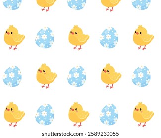 Chickens and easter eggs. Vector pattern in cartoon style