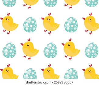 Chickens and easter eggs. Vector pattern in cartoon style