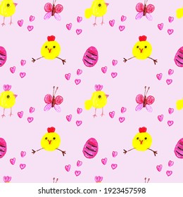 Chickens with Easter red egg, butterfly and hearts on a pink background. Easter. Seamless background.