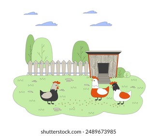 Pollos comiendo granos en la ilustración plana de dibujos animados del corral. Gallinas caminando al aire libre en la granja orgánica 2D personajes aislados sobre fondo blanco. Escena de cría de aves de corral Vector color Imagen