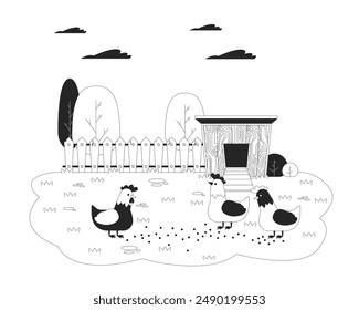 Pollos comiendo granos en la ilustración de línea plana en blanco y negro del corral. Gallinas caminando al aire libre en la granja orgánica 2D lineart personajes aislados. Imagen monocroma de contorno de Vector para la cría de aves de corral