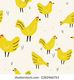 Chickens eating on the field bright yellow - seamless pattern illustration for kids