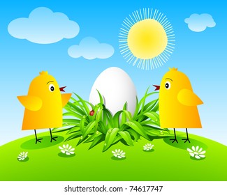 Chickens and egg on blue sky with clouds background.