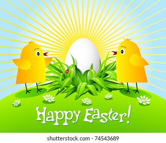 Chickens and egg on green grass and sun.