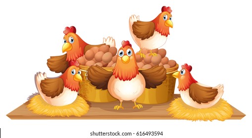 Chickens and eggs in basket illustration