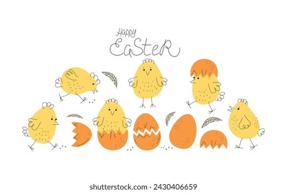 Pollos y huevos. Pájaro de dibujos animados. Letras, caligrafía. Feliz Pascua. Lindo juego de pollo de dibujos animados. Divertidos pollos amarillos en diferentes posiciones. Decoración para Pascua, ilustración vectorial.