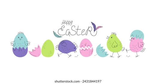 Chickens and eggs. Cartoon colorful chickens. Lettering Happy Easter Cute cartoon chicken set. Funny bright chickens and eggshells in different positions. Decor for Easter, vector illustration.