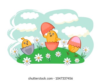 Chickens in the eggs and chamomiles. Vector Easter illustration.