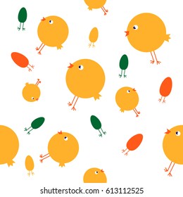 Chickens, eggs and flowers. Easter seamless pattern on blue background.