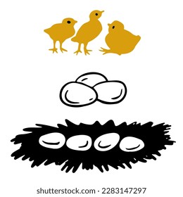 Chickens, eggs and nest vector hand drawn illustration for poster, flyer, farm package design, childrens education book.