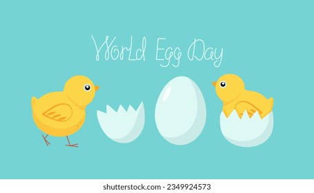  Chickens and eggs. World Egg Day.   Eggshell. Calligraphy lettering. Vector illustration, background isolated.