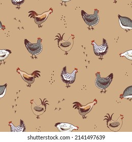 chickens farm animals seamless vector pattern