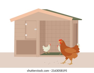 Hühner-Farmvögel-Haus. Vektorbearbeitbare Illustration. Hähnchen und Hähnchen, die in Barnyard, Geflügel in Coop House oder Bauernhof gehen.