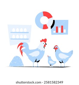 Chickens And Farm Data In Flat Vector Illustration Symbolizing Poultry Farming, Egg Production, And Agricultural Statistics, Isolated On White Background