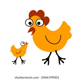 Chickens flat vector illustration. Yellow chicks, hens and and rooster cartoon isolated design elements with outline.