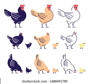 Chickens flat vector illustrations set. Multicolor chicks, hens and and rooster pecking cartoon design elements with outline. Chicken meat production, bird breeding. Poultry farm, animal husbandry