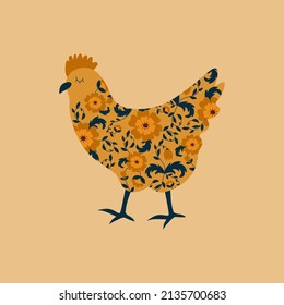 Chickens with floral ornament. Retro flowers and poultry silhouette hand drawn vector illustration. 