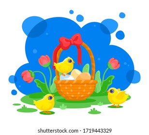 Chickens, flowers and a basket with eggs