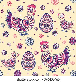 Chickens folk seamless pattern.  Beige background. Colorful vector illustration.
